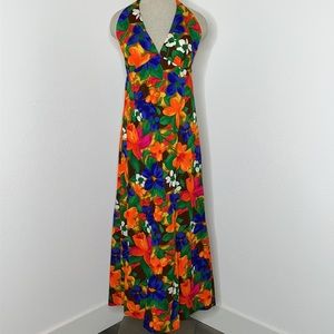 Vintage Tropical Halter Maxi Dress in Orange, Blue, Green